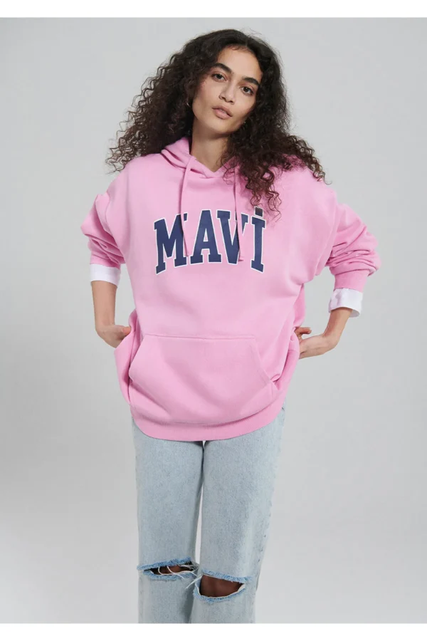 سویشرت صورتی زنانه کلاهدار ماوی اورجینال Blue Logo Printed Hooded Pink Sweatshirt mavi